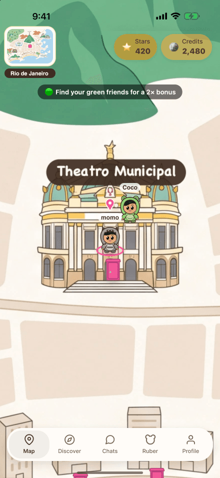 RUB on iOS: explore the park, see your character and find conversations using the Map, Discover, Chats, Ruber and Profile tabs